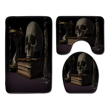 Imagem de Tapetes de banheiro de três peças com caveira, tapetes decorativos de banheiro 3D e tapetes de tampa de vaso sanitário, laváveis na máquina e antiderrapantes, banheiro, banheira, chuveiro