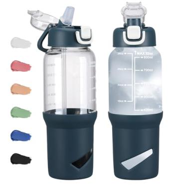 Imagem de SIEROZUR Garrafas de água de vidro de 946 ml com batedor de bola, coqueteleira para misturas de proteína, copo de vidro à prova de vazamento com 2 tampas e sem BPA, liquidificador para fitness, azul