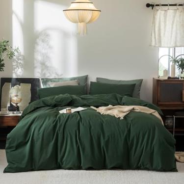 Imagem de FOSSA Conjunto de capa de edredom 100% algodão lavado, sensação de linho, super macio, respirável, aconchegante, 3 peças, verde floresta, super king