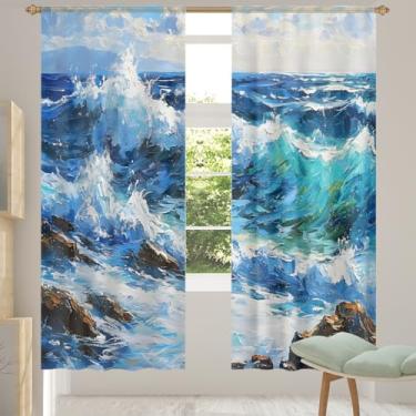 Imagem de 2 conjuntos de painéis, pintura oceânica, cortinas transparentes azuis, cortinas transparentes arejadas com filtro leve, painéis de cortina de porta e janela para sala de estar, quarto, jantar, 192 cm