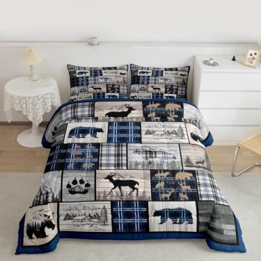 Imagem de Feelyou Conjunto de cama rústico macio para meninos e meninas, urso veado, vida selvagem, tamanho queen, azul, preto, xadrez, edredom de microfibra, acampamento, chalé, quarto, 3 peças com 2 fronhas