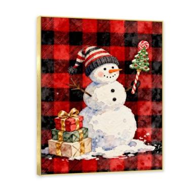 Imagem de NHLDZYH Moldura dourada. Imagem de Natal retrô country pintura em tela com padrão xadrez vermelho preto cores suaves country aconchegante decoração de Natal. A79. 50 x 65 cm