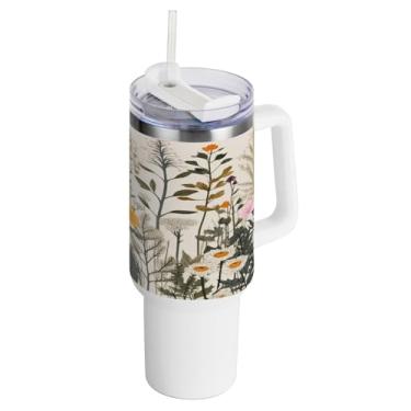 Imagem de xigua Copo vintage de flores silvestres de 1,134 g com alça e canudo, aço inoxidável duplo isolado a vácuo garrafa de água suporte de copo de garrafa de água amigável à prova de vazamento copo de