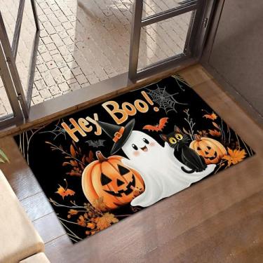 Imagem de Tapete de boas-vindas fantasma de Halloween, tapete de abóbora gato preto para entrada, tapetes antiderrapantes de perfil baixo, tapetes de varanda para porta da frente, escada, tapete de sala de