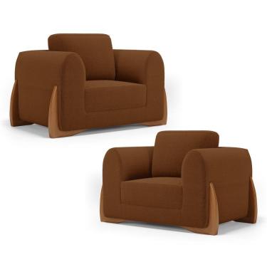 Imagem de Kit 02 Poltronas Decorativas Living Bloom Com Pés De Madeira Bouclê Terracota - Abmaza