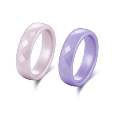 Imagem de Pinannie Conjunto de 2 anéis hipoalergênicos de cerâmica e esmalte para mulheres – alianças de casamento rosa e roxo com 6 mm de largura, joias coloridas para presente diário para ela, tamanhos 5 a 12