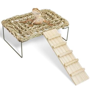 Imagem de kathson Rede de dragão barbudo com escada, rede para répteis de algas marinhas com pernas de metal, acessórios de tanque de cama de lagarto ajustável, decoração para lagartixa anfíbia, cobra, eremita