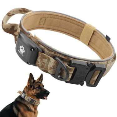 Imagem de IP68 à prova d'água para coleira AirTag, alça de controle confortável tática militar e fivela de metal e reflexiva, coleira GPS para cães Apple Air Tag, de médio a grande porte (camuflagem cáqui/G)