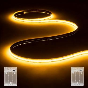 Imagem de Fita de luzes LED COB alimentadas por bateria, 1 m x 2 unidades de tiras de luz LED brancas quentes para dormitório, embaixo da cama, prateleiras, luz de fundo de TV, armário, fitas pequenas cortáveis