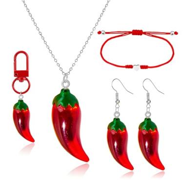 Imagem de QLYOVWE Conjunto de joias de pimenta vermelha para mulheres 4 peças engraçado mexicano Fiesta colar com pingente colorido cinco de maio brincos boho verão praia joias presente, Standard, Metal, Sem