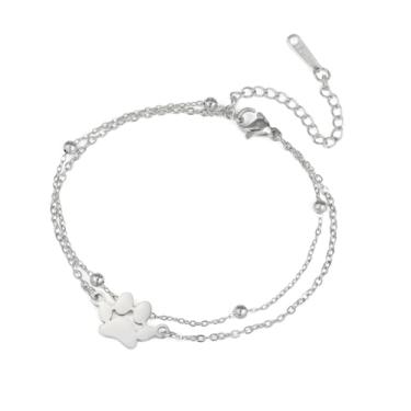 Imagem de Linda pulseira de corrente de elos em camadas com estampas de patas para mulheres e homens, aço inoxidável, polido, simples, ajustável, berloque, pulseira, tornozelo, joias, presentes para animais de