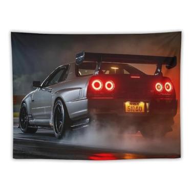Imagem de HouLaiZhe Tapeçaria de carro Drift Car R34 Jdm carro esportes pendurar na parede quarto decoração de casa tapeçarias estética piquenique decoração de parede arte de parede para dormitório sala de