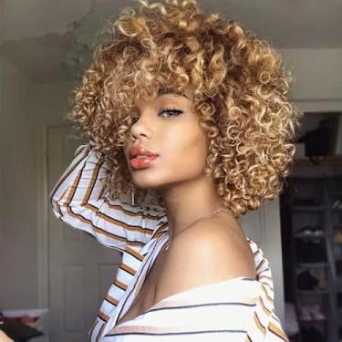 Imagem de Marshey Perucas Curtas Cacheadas Para Mulheres, Peruca Loira Ombré Com Franja, Afro, Saltitante, Solta, Sintética, Substituição, Afro-Americana