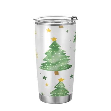 Imagem de YETTASBIN Copo de árvore de Natal com tampa de palha, copo de aço inoxidável de 590 ml, parede dupla, isolada a vácuo, caneca de café de viagem para bebidas quentes e frias