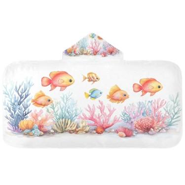 Imagem de Burbuja Linda toalha de banho com capuz de cena subaquática para crianças, toalha de praia de pelúcia macia absorvente para meninas e meninos 3-10 anos, 61 x 127 cm