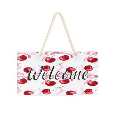 Imagem de Burbuja Placa de boas-vindas cerejas com laço para porta da frente, placa de boas-vindas de PVC para pendurar na parede varanda casa de fazenda, decoração de feriados, 15 x 28 cm