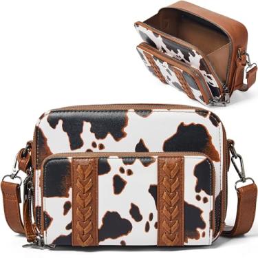 Imagem de Yarnic Bolsas pequenas transversais femininas com carteira removível moderna de couro vegano para celular com compartimentos para cartão de crédito, Marrom vaca, 3.93 x 8.58 x 6.1 inches, Vaca