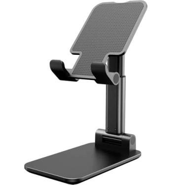 Imagem de Suporte Ajustável para Celular e Tablet Base de Mesa com Altura Regulável Design Dobrável Antiderrapante Alumínio e Plástico Preto Suporte Universal para Smartphone