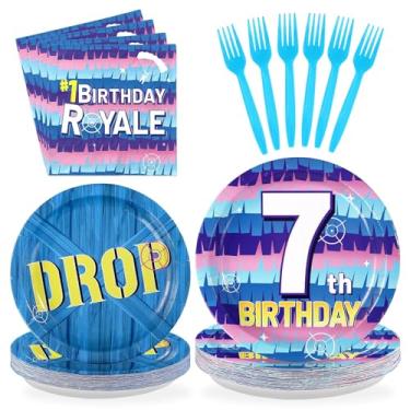 Imagem de Greencian 96 peças, 7º videogame, artigos para festa de aniversário, Happy 7th Game, conjunto de talheres descartáveis de gota azul para crianças de 7 anos, decoração de aniversário, serve 24