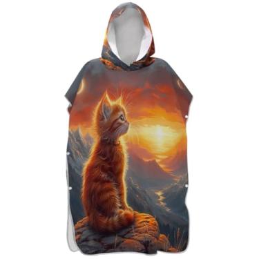 Imagem de Joisal Lindo roupão de mudança de gato do pôr do sol para adultos, poncho de surfe, reutilizável, para mulheres, toalha de banho com capuz de praia