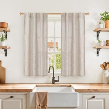 Imagem de YoungsTex Cortinas de linho natural de 122 cm de comprimento para janela de cozinha, cortinas curtas semitransparentes com bolso de haste, filtro de luz para janelas de café e banheiro, 2 painéis, 76