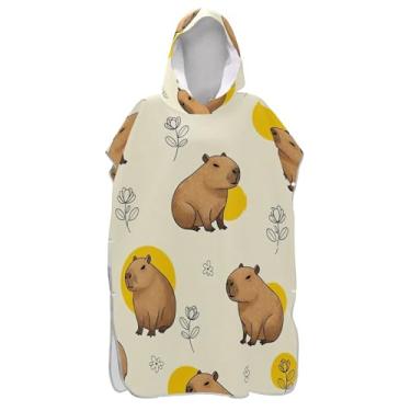 Imagem de Roupão reutilizável para troca de poncho de surfe para adultos toalha de banho com capuz bonito capivaras poses bege homens mulheres poncho com capuz