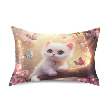Imagem de Lindas fronhas brancas gatinho flores rosa cetim engraçado resfriamento padrão queen king fronha personalizada conforto macio travesseiro de cama tamanho padrão 66.0 cm x 50.8 cm