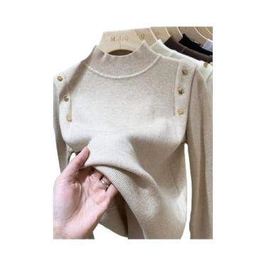 Imagem de Suéter De Tricô Feminino Quente E Macio Com Gola Alta E Botões, Pulôve