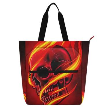 Imagem de GAIGEO Bolsa feminina com caveira vermelha e chama, bolsa de trabalho de lona com zíper, bolsa de praia reutilizável, presente para amantes de livros