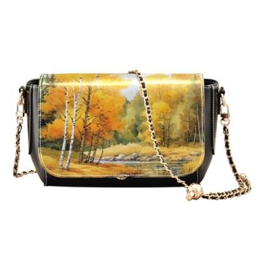 Imagem de Maçãs pretas em uma bolsa transversal de couro com padrão branco, bolsas transversais de couro para mulheres na moda, bolsa feminina de couro, Árvores de outono com aquarela de rio-1, One Size