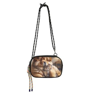 Imagem de Bolsas femininas transversais pequenas bolsas sobre o ombro, mini bolsas fofas para telefone com alça Chow Chow Cachorro Gatinho Gato