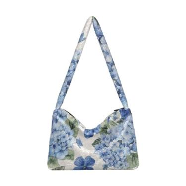 Imagem de Bolsa feminina de ombro com folhas florais e frutas de limão, bolsa de ombro feminina, bolsas de outono, Flor azul verde verde branca, One Size