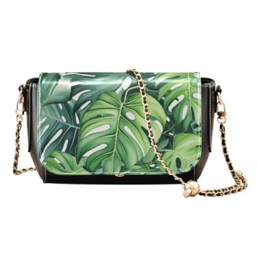 Imagem de Bolsa tiracolo Mountain Scene com pôr do sol com corrente, bolsa de ombro transversal de couro, bolsas de ombro para mulheres tamanho médio, Folhas Monstera verde aquarela - 2, One Size