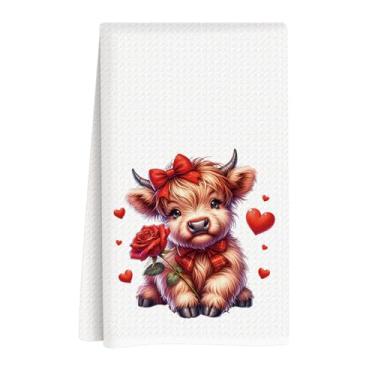 Imagem de Toalhas de cozinha para o dia dos namorados, decorações de dia dos namorados, presente para ela, namorado, namorada, coração, rosa, laço de vaca highland, presentes de casamento de aniversário para