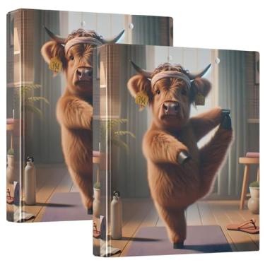 Imagem de Fichários personalizados engraçados de animais de ioga para vaca Highland 3 cm, 3 anéis, 200 folhas, fichário redondo, 31,5 x 27 x 6 cm, pacote com 2