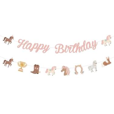 Imagem de Funmemoir Decorações de festa de aniversário de cavalo de pônei para meninas - faixa de feliz aniversário e guirlanda com tema de cavalo de pônei, decorações de festa com tema de rodeio floral rosa