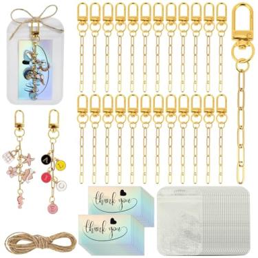 Imagem de Conjunto de 25 conjuntos de chaveiro de clipe de papel, ganchos de clipes de chaveiro de ouro com corrente extensora, bolsa bolsa, cartões de agradecimento, corda de cânhamo de 5 m, anéis de chave DIY