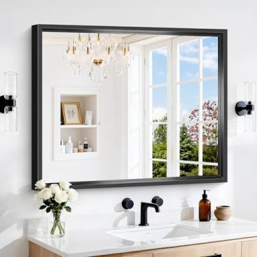 Imagem de CIVENO Espelho de banheiro preto, espelho retangular de 91 x 76 cm com moldura profunda espessa de 1,5 cm, espelhos de vaidade pretos foscos para pia de banheiro, fazenda moderna, vidro temperado