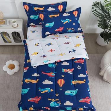 Imagem de qjmiaofang Jogo de cama solteiro com zíper, 4 peças, desenho de avião, tudo em um, com zíper, lençol com elástico, lençol com elástico, 4 peças, lençol com elástico