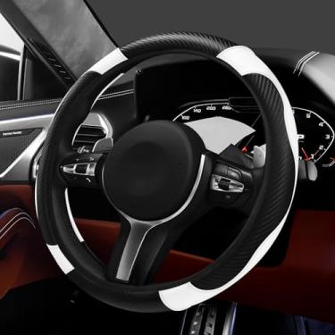 Imagem de Hovom Capa de volante de carro, capa protetora de volante de couro de fibra de carbono estilosa para 38 cm, antiderrapante e confortável, acessórios internos universais para decoração de carro (preto