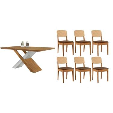 Imagem de Sala Jantar Mesa Imperatriz Tampo Curvo 180cm+6 Cadeiras Havana Naturale/Off White - Suede Marrom - Rufato