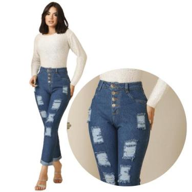 Imagem de Calça Jeans Recorte Reto Mom Moda Feminina Cintura Alta Dins, 36