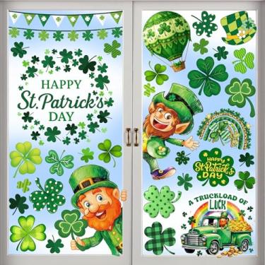 Imagem de JMHACHY Adesivos de janela de Dia de São Patrício - 9 folhas 88 peças reutilizáveis decorações de dia de São Patrício para escritório em casa, adesivos de janela de arco-íris trevo para vidro