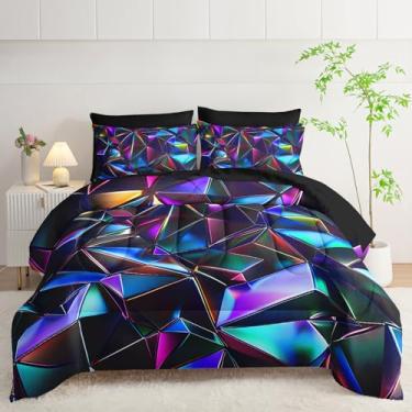 Imagem de lneffble Conjunto de edredom King com estampa abstrata geométrica roxa de 7 peças, estampa de diamante abstrato, (1 edredom, 1 lençol de cima, 1 lençol com elástico, 2 fronhas e 2 fronhas)