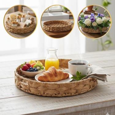 Imagem de Bandeja Redonda Decorativa 35cm Plástico Estilo Palha com Detalhes em 