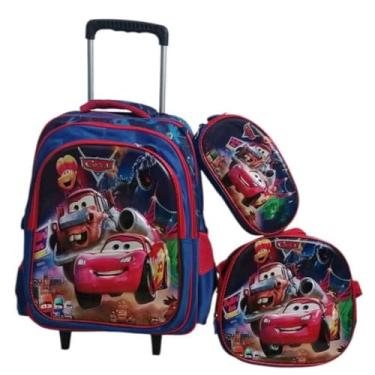 Imagem de Kit Mochila Carros Para Meninos em 3D Alto Relevo com Rodinhas Infantil + Lancheira Térmica + Estojo Escolar (Mochila Menino Carros)