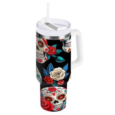 Imagem de SEHANY Copo de caveira e rosas de 850 g com alça, copo isolado de aço inoxidável a vácuo de parede dupla, caneca de café à prova de vazamento, copo isolado para viagem, cabe no suporte de copo de