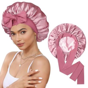 Imagem de Touca de cetim de seda para dormir touca de seda para dormir touca de cabelo de camada dupla com faixa elástica para cabelo cacheado touca noturna, Pasta de feijão + rosa, Tamanho Único