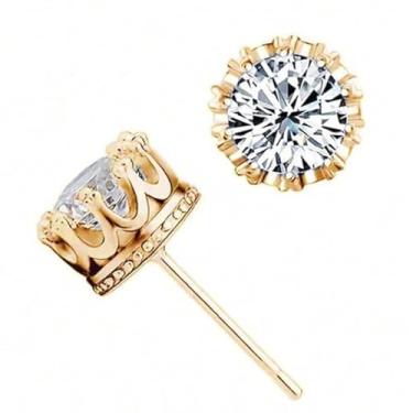 Imagem de Brincos de coroa oca minimalistas para mulheres, brinco decorativo brilhante elegante (prata/ouro), joias versáteis para uso diário e festa, Medium, Liga de aço, Strass