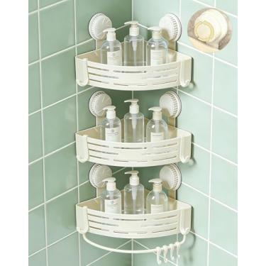 Imagem de Pacote com 3 suportes de chuveiro de canto com ventosas Twist-Lock e uma camada adesiva ultra-forte pré-aplicada, o organizador de chuveiro sem broca com barra de toalha e orifícios de drenagem para